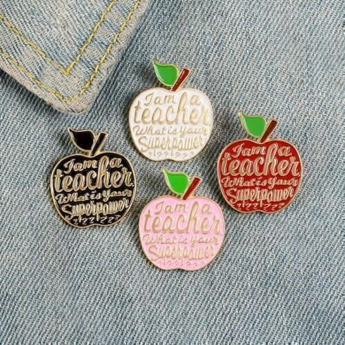New Cartoon Teachers Day Brooch 4 color Apple shape Funny Letter Teacher Enamel Lapel Pin Clothing Pins Accessories