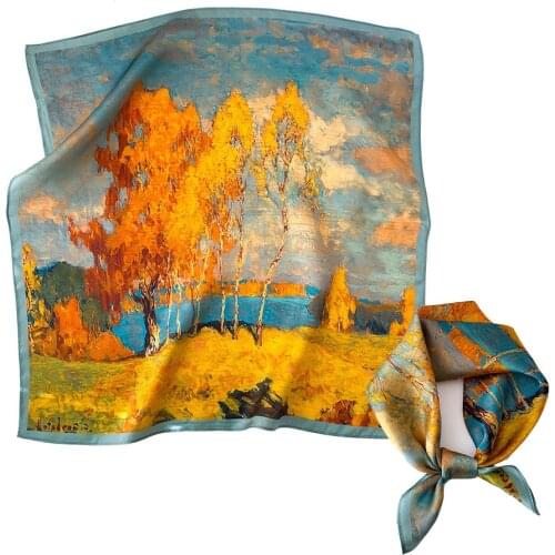 OMEA 100% silk small square scarf Mulberry silk scarf women spring green oil painting luxury handkerchief hijab 53cm bandana