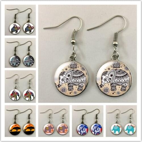 Elephant Pattern Pendant Earrings Glass Cabochon Pendant Earrings Ladies Girls Fashion Earrings Gift Jewelry