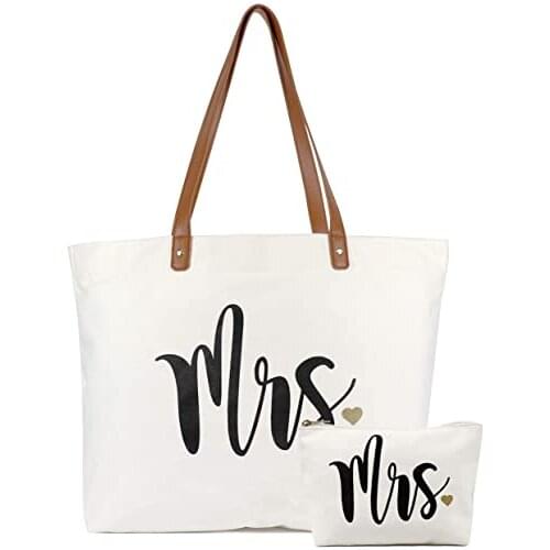 Bride Tote Bag with Makeup Bag, Gifts for Engagement / Bridal Shower / Bachelorette / Wedding Party Canvas White