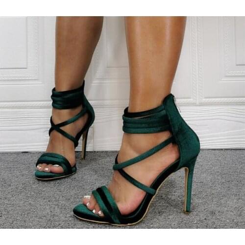 Dark Green Golden Velvet Cross Tied Narrow Bands Party Stiletto Heels Sandals Woman Zipper Back Cover Heel Shoes Plus Size 47