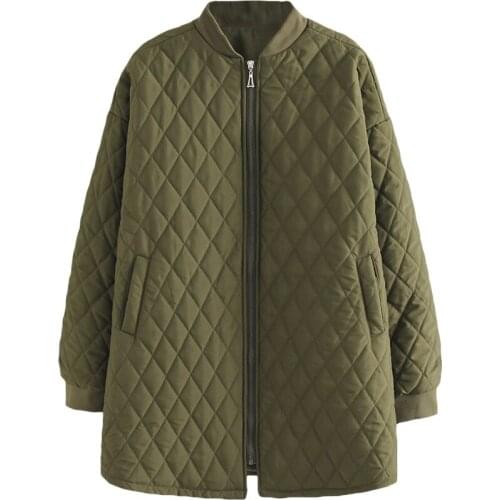 2021 Winter New Korean Style Long Cotton-padded Coat Womens Casual Stand-up Collar Argyle Pattern Oversized Parka Chic Jacket