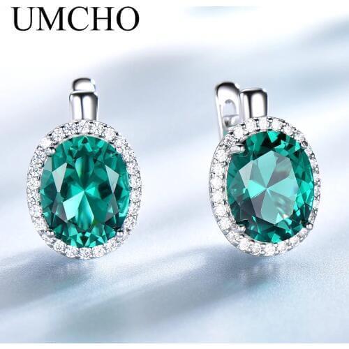 UMCHO Emerald Gemstone Clip Earrings For Women Genuine 925 Sterling Silver Earrings Wedding Anniversary Fashion Jewelry Gift New