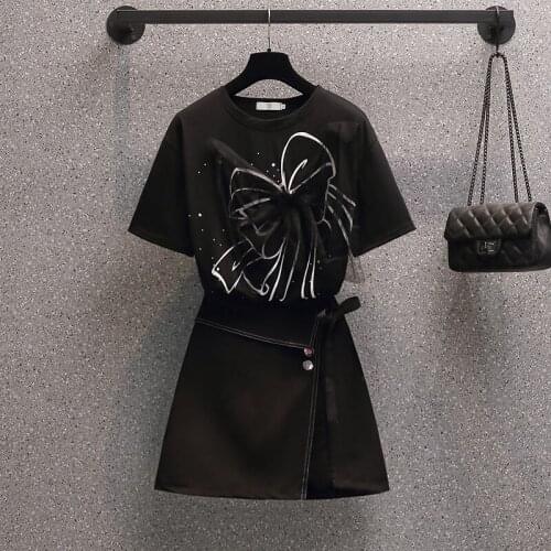 2021 Summer Women Europe Style Short Sleeves T-shirt + Skirt 2 pcs sets Fashion Female Suits Streetwear black two piece suit big