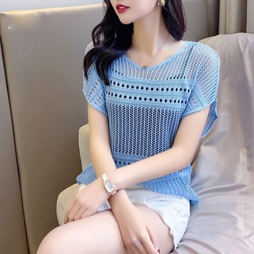 Lady Knitted Sweater Pullovers Women O-Neck Spring Summer Style Casual Hollow-Out Short Sleeve Pullovers Tops