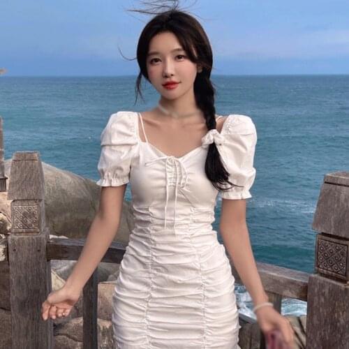 Summer New Women Korean Style Retro Lady Dress Solid Color Puff Short-Sleeve Pleated Hip Design Slim Tight Vestidos