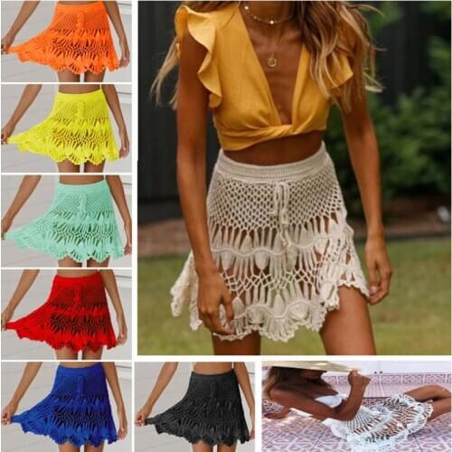 2020 summer women beach cover up skirt hollow out high wait a-lined mini skirt 8 colors