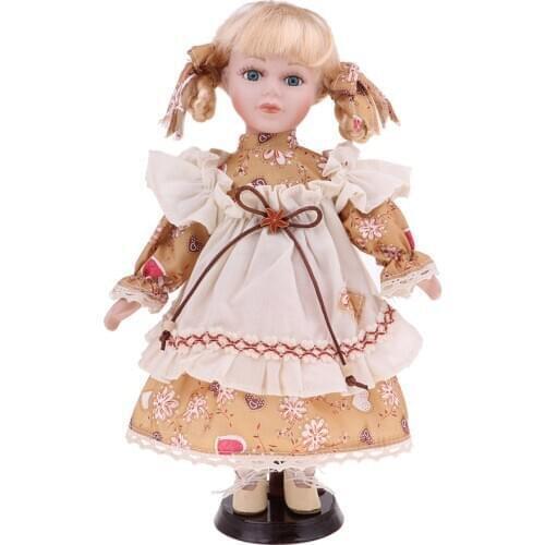 30cm Porcelain Doll Victorian Girl Standing Figures with Wooden Stand Kids Adult Collections