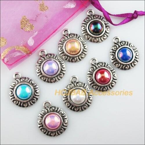 8 New Flower Charms Tibetan Silver Tone Retro Mixed Acrylic Pendants 19x23mm