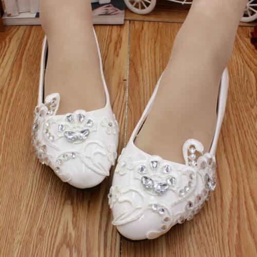 White lace wedding shoes woman flat heel round toe slip on bridal wedding flats customized different heel party dress shoe HS057