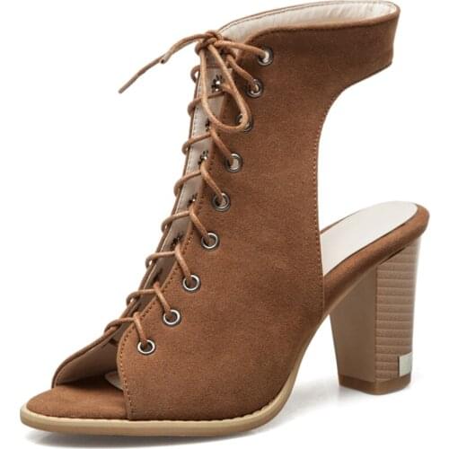 Flock Front Lace Up Roman Sandals Women High Heels Shoes for Summer Sexy Open Toe Gladiator sandalias mujer Female Shoes WSH3900