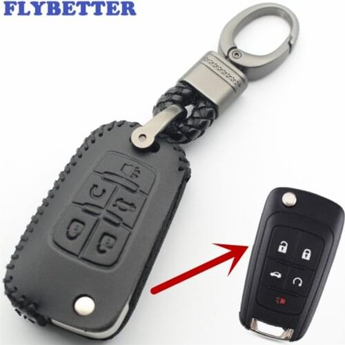 FLYBETTER Genuine Leather 5Button Flip Key Case Cover For Chevrolet Camaro/Malibu/Cruze Car Styling L345