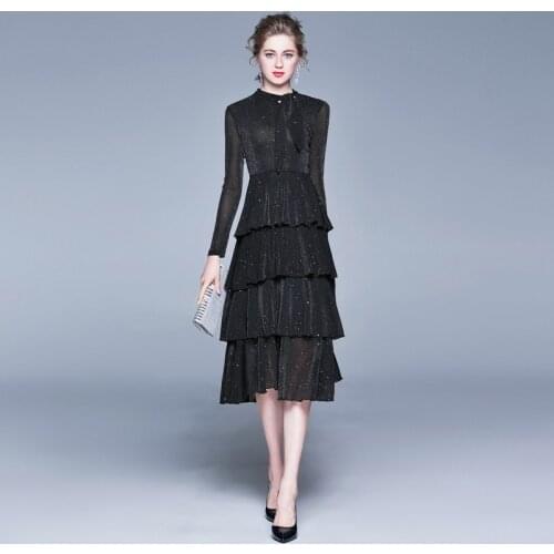Black Shining Layers Midi Dress Sweet A-LINE Cascading Ruffle Turtleneck Dresses Women Party Long Sleeve Birthday Dress 2021