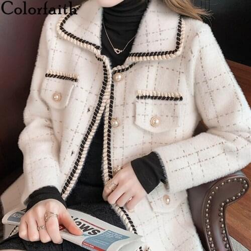 Colorfaith New 2021 Womens Autumn Winter Sweater Elegant Fake Mink Cashmere Cardigans Fashionable Checkered Lady Tops SWC3089JX