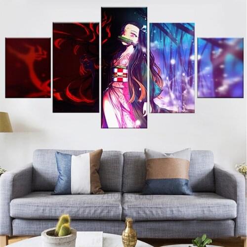 Canvas Painting Pictures Print 5 Panel Anime Girl Kamado Nezuko Demon Slayer Kimetsu No Yaiba Wall Art Home Decor Modular Poster