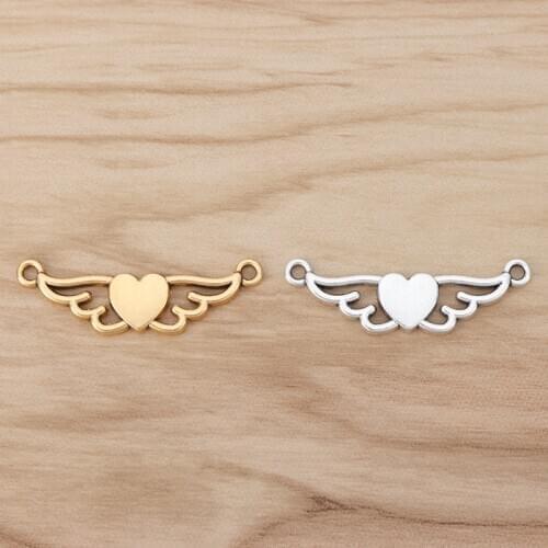 20pcs Antique Gold Tone Angel Wings Heart Connector Charms Pendants for Necklace Bracelet Jewelry Making Findings 34x9mm