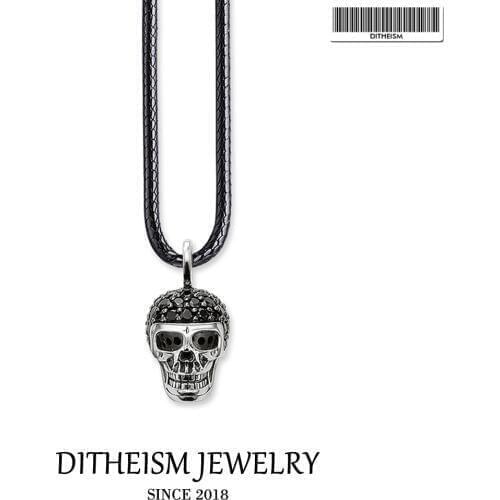 Leather Rope Necklace Skull Black CZ, 2018 New Fashion 925 Sterling Silver Jewelry European Punk Gift For Men Women Boy Girls