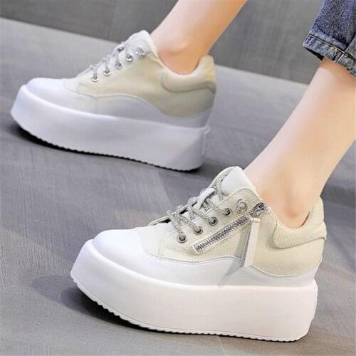 Increasing Height Fashion Sneakers Women Cow Leather Platform Wedge Ankle Boots Canvas High Heels Creeper Shoe 34 35 36 37 38 39
