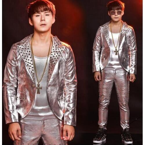 Fashion silver rivets mens leather jacket pu coat men motorcycle leather jackets set stage dance rock singer coat pant vest