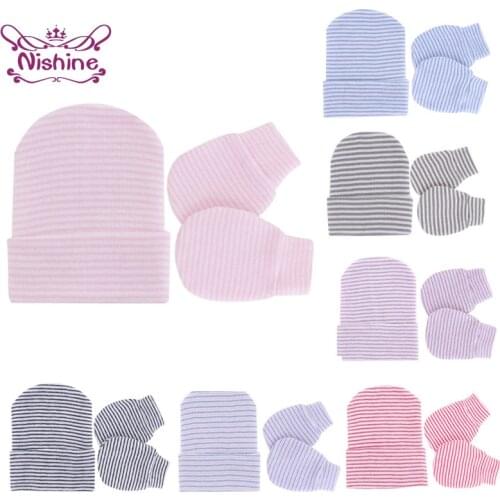 Nishine Fashion Striped Knitted Hat and Glove Set Comfortable Warm Newborn Caps Baby Anti-eat Hand Anti-Grab Face Protect Mitten