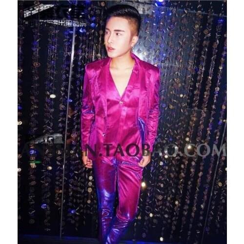 Fashion Man Slim Suits DS Stage Host Dress Costumes illusion Rose Red Purple 3 pieces set Nightclub DJ Male singer show wear