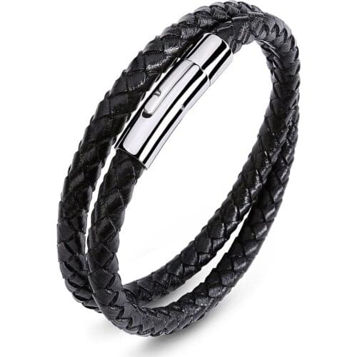 Fashion Double Layer Braided Leather Wrap Bracelet Men Women Jewelry Leather Bangles Stainless Steel Casual Wrist Band Gift P623
