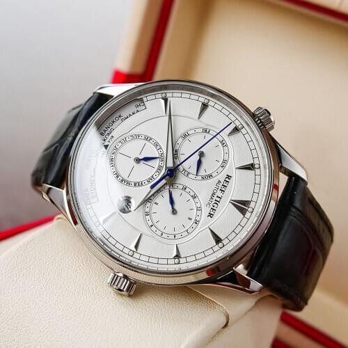 Reef Tiger/RT World Time Automatic Watch for Men Complicated White Dial Steel Watch with Date Day RGA1951