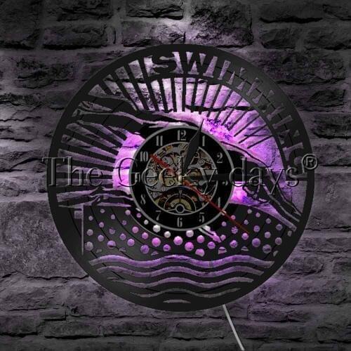 Swimming Diving Athlete Vinyl Record Wall Clock With LED Backlight Water Sport Competition LED Decorative Lighting