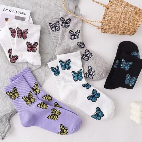 New Butterfly Socks Women Streetwear Harajuku Crew Kawaii Fashion Funny Cotton Embroidered Animal Print Women Socks Middle Tube
