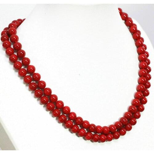 2 Rows 6-7mm Red / Pink Japan Sea Red Coral Round Gemstones Beads Necklace AAA