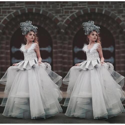 White Feather 2020 Flower Girl Dresses For Weddings V Neck Lace Girls Pageant Dress Floor Length Kids Birthday Communion Dress