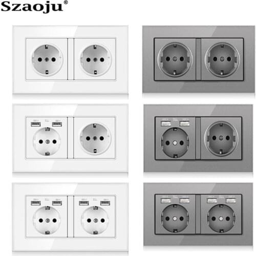 Szaoju USB Socket German Standard Power Socket With USB 16A LED Crystal Glass Panel AC 110 -250V 146mm * 86mm LED Lndicator