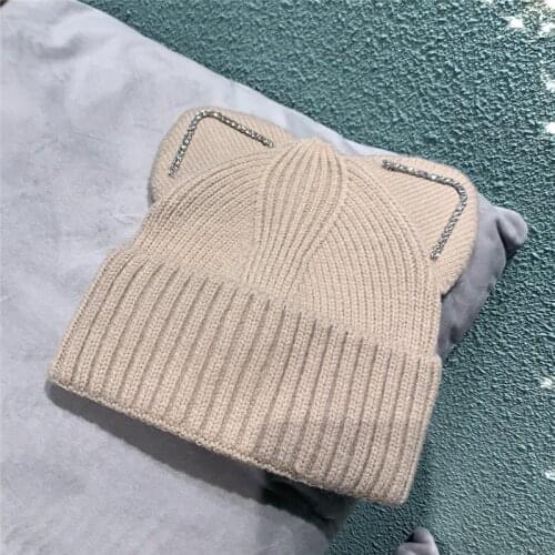 Rhinestone Cat Ear Women Hat Autumn Winter Knitted Wool Beanie Female Girls Solid Color Warm Cap