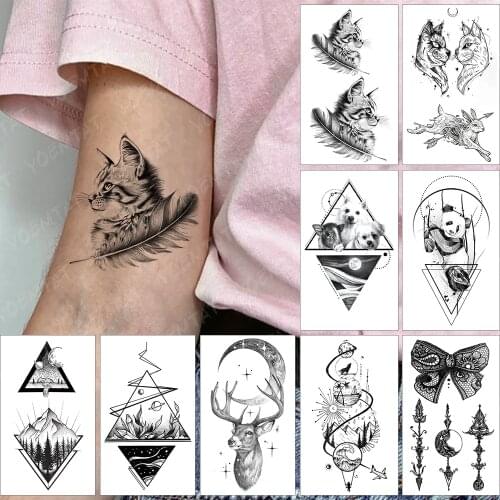 Waterproof Temporary Tattoo Sticker Small Cat Feather Wolf Flash Tatoo Panda Dog Deer Wrist Fake Tatto For Body Art Women Men