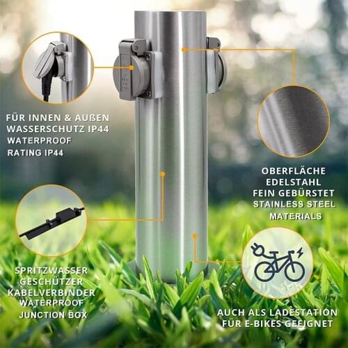 Waterproof Outdoor Socket 2-Way EU Socket Stainless Steel Body Electrical Socket Energy Column Spike for Garden Décor Lawn Mower