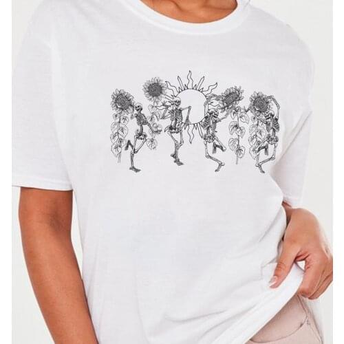 Skeleton Dance Sunflower Female Tshirt Vintage Fashion Streetwear Graphic Tees Women Loose Gothic T-shirt Halloween Clothes Tops