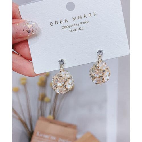Ladys Lovely and Sweet Rhinestone Round Flower Ball Drop Earrings For Women Ear Dangle Crystal Earring Jewelry