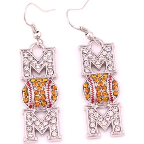 Women Earrings MOM Letter Shape Design Pendant With Sparkling Crystals Baseball Pattern Jewelry Zinc Alloy Provide Dropshipping