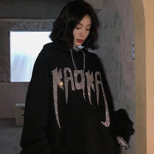 Women Hoodies Spring Autumn Black Hooded Sweatshirt Loose diamond Letter harajuku Print Tops Pullover Plus Size Streetwear 2021
