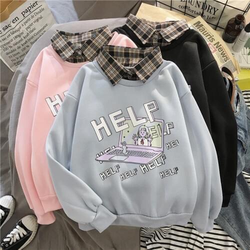 Women Plus Velvet Fake Two Thickened Autumn And Winter Sweatshirts For Female Students Kawaii Clothes Loose Wild Tide