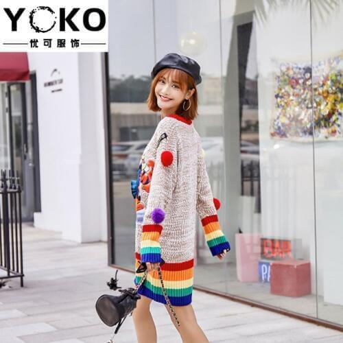YOKO Pullover sweater 2019 new Rainbow stripes cartoon Pooh bear sweater female plus size loose long sweater outer wear dress