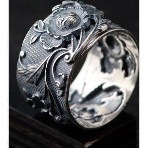S990 fine silver restoring ancient ways is technology Open the peony Female anaglyph silver ring Blooming flowers
