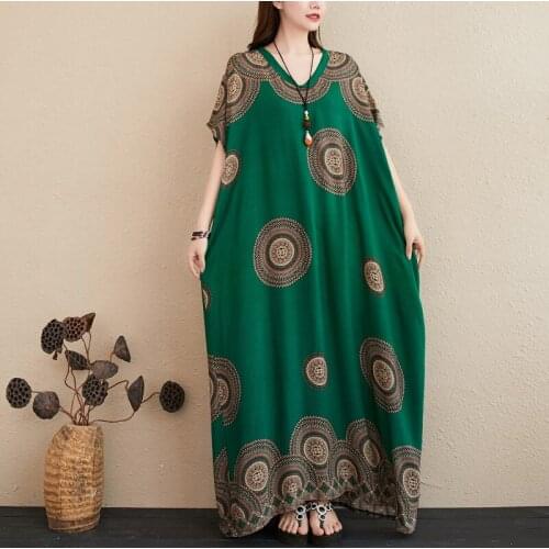 2021 Summer New Vintage Bohemian V-Neck Dresses Green Oversized Loose Short Sleeve Ladies X-long Dress Vestidos With Pocketket