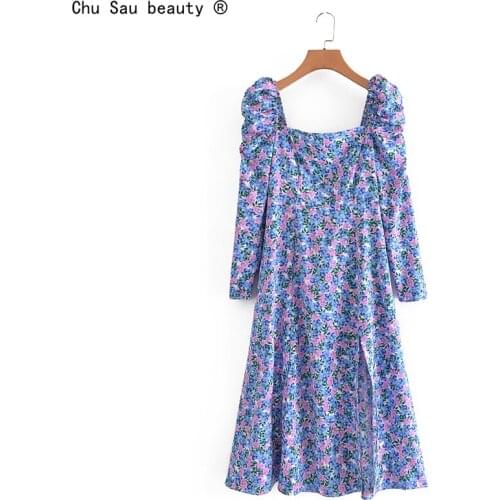 2021 Summer New French Vintage Floral Printed Square Collar Puff Sleeve Slit Mid-Length Dress For Women Vestido Chic