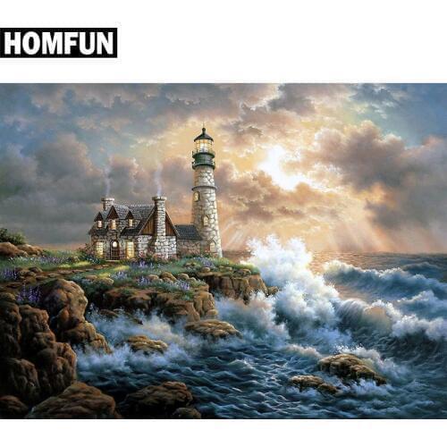 HOMFUN Full Square/Round Drill 5D DIY Diamond Painting "Ocean Lighthouse" Embroidery Cross Stitch 5D Home Decor Gift A06073