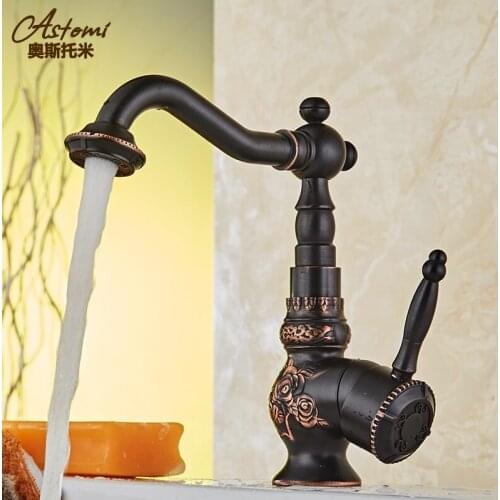 AUSWIND European Dark Copper Rotary Water Tap Faucet Basin Carved Bathroom Retro Single Handle Single Hole Heightening Section