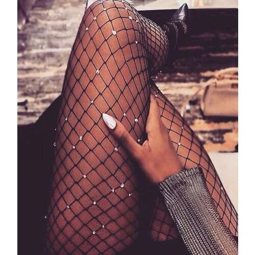 Crystal Rhinestone Fishnet Sexy Tights Pantyhose Women Elastic Waist Hollow Out Stockings Tights Club Sexy Hosiery Female Summer
