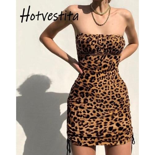 Hotvestita 2021 Summer Sexy Women Strapless Dresses Leopard Print Metal Chain Drawstring Bandage Bodycon Party Club Mini Dress
