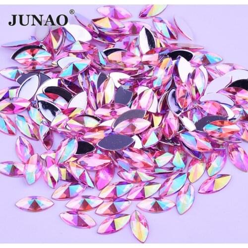 JUNAO 7*15mm Pink AB Crystals Horse Eye Rhinestone Flatback Acrylic Gems Glue On Strass Crystal Non Sewing Stones for DIY Crafts