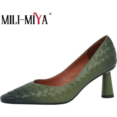 MILI-MIYA Fashion Weave Cow Leather Women Pointed Toe Pumps Thick Heels Slip On Office Career Street Shoes Handmade For Ladies